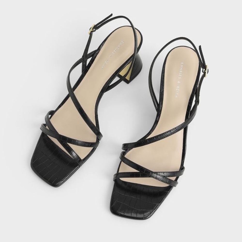 Charles & Keith Black Croc-Effect Strappy Heeled Sandals